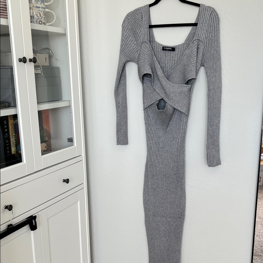 CAARA Grey Ribbed Wrap Front Maxi Sweater Dress